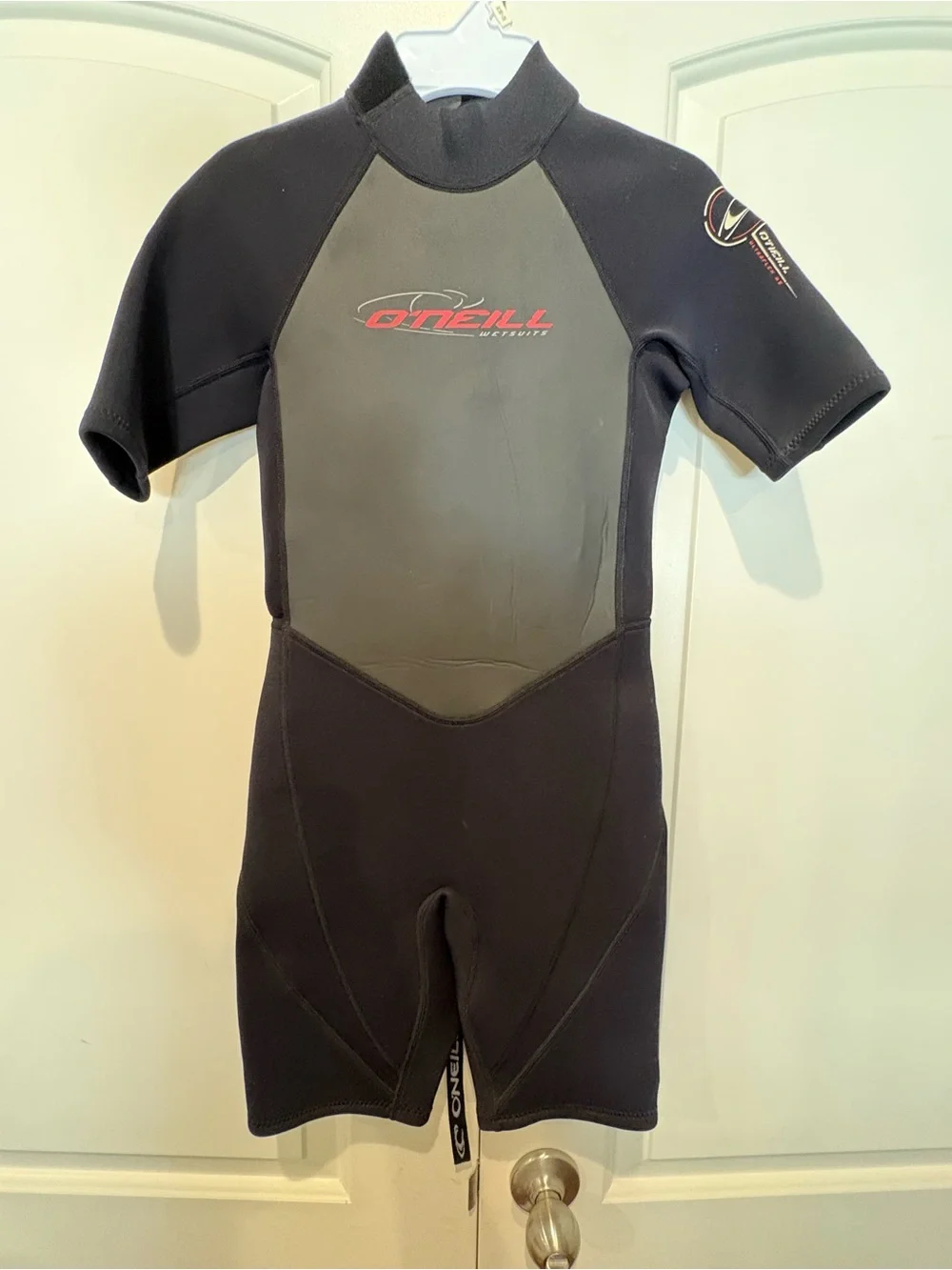 O'Neill Kids Short-Sleeve One-Piece Wetsuit in Black and Gray with Red Logo